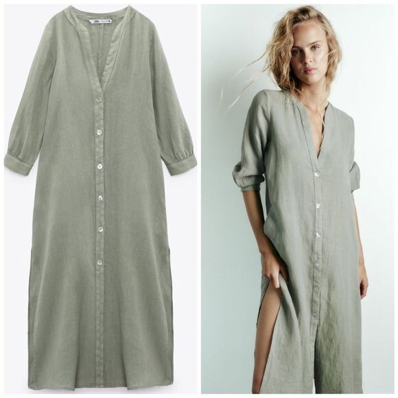 Zara Dresses & Skirts - Zara 100% Linen Dress Pockets Khaki